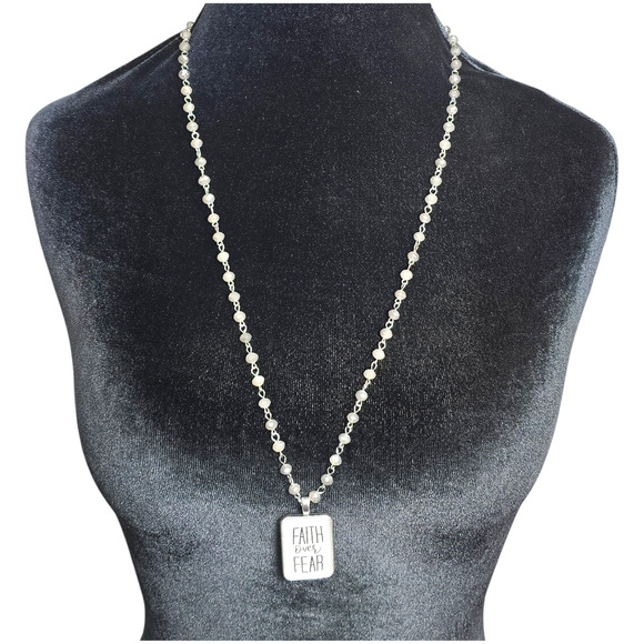 The Vintage Sparrow Faith Over Fear Gray Faceted Bead Silver Tone Necklace QVC - Picture 3 of 5
